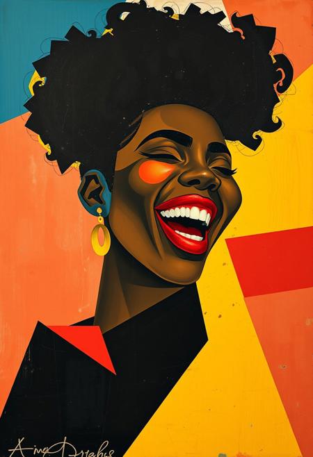 CubismStrokes, depict an afrofuturist black girl laughing, painted in a Cubist style, on a vintage wood panel background, in the style of microphotography, Use angular lines, fragmented forms, and overlapping perspectives to create a sense of movement and rhythm. Incorporate bold colors like reds, blues, and yellows to give the piece energy, reminiscent of works by Lyubov Popova