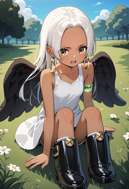 aasnake, long hair, white hair, dark skin, earrings, yellow eyes, symbol-shaped pupils, black wings, small breasts. sundress, white dress, sleeveless, armlet