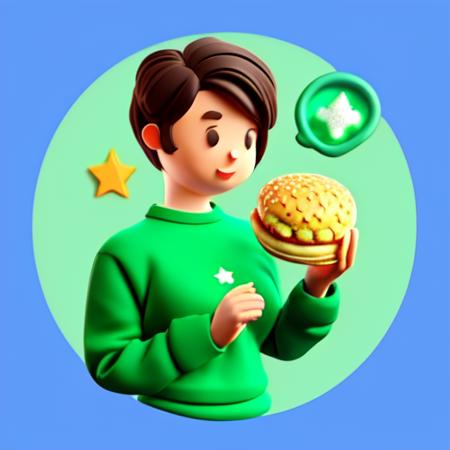 hamburger, bubble, gradient background, sweater, gradient, green sweater, blue background, short hair, star (symbol) <lora:3dillu(1):1>