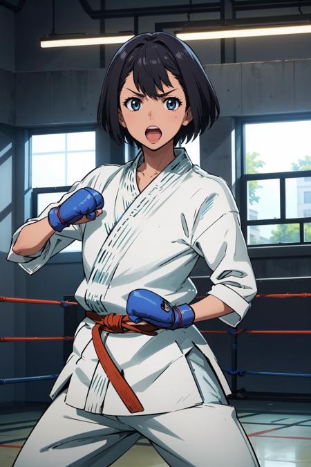 masterpiece, best quality, daitoku junna, karate gi, martial arts belt, boxing gloves, cowboy shot, fighting stance, hands up, looking at viewer, serious, furrowed brow, open mouth, gymnasium <lora:junna-nvwls-v2-000010:0.8>