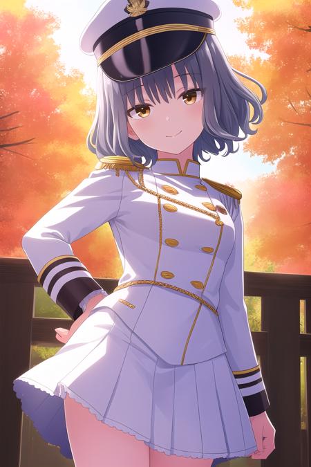 (masterpiece, best quality), highly detailed background, perfect lightingbest quality, natsumemahiro, solo, outdoors, military hat, white headwear, grey hair, wavy hair, hair between eyes, short hair, brown eyes, epaulettes, white shirt, long sleeves, white skirt, pleated skirt, frills, military uniform, smile, closed mouth, :), pink lips, <lora:Natsume-Mahiro:0.7>