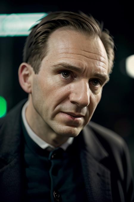 close up of a worried man waiting for the buss <lora:ralphFiennes:1>, RAW, 8K, UHD, a dark evening, [candid, amateur], ominous green lighting, bokeh