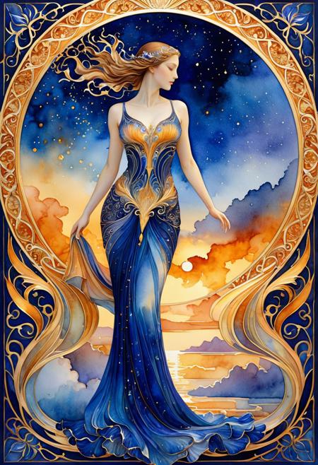 An ethereal female figure representing Iris, her form dissolving into flowing streaks of watercolor that merge with ornate metallic designs, color palette shifting from deep ultramarine to warm amber, background fading between night sky and dawn horizon
