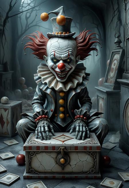 3D sculptural art, dark fantasy, eerie clown, jack-in-the-box, intricate details, surreal horror, cracked porcelain texture, textured surfaces, muted color palette, whimsical horror, atmospheric lighting, stylized anatomy, organic forms, sculpted realism, haunted setting, decayed interior, storytelling elements, otherworldly mood, imaginative character design, fog effects