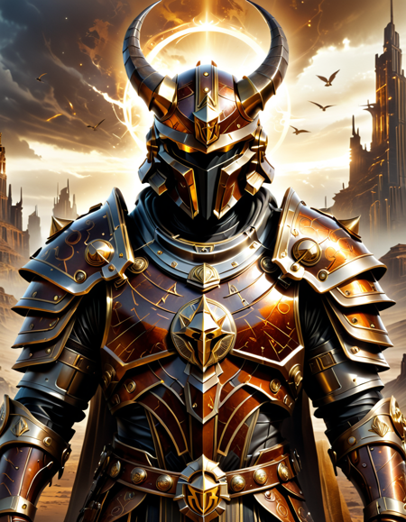 lazympos,high_quality,highres,beautiful,detailed,(masterpiece, best quality:1.2),absurdres,8k,HDR,retro,
A foreboding armored figure with glossy brown carapace-like plates accented with elegant gold trims dominates the composition,its helmet boasts a striking gold-adorned circular crest,with two prominent thick horns,and intricate symbols are etched in a halo-like formation above the crest,all set against a backdrop of dark towering structures,
<lora:EpicF4nta5yXL:0.5>,<lora:SDXLFaeTastic2400:0.3>,<lora:lazympos:1>,<lora:dvr-rst:0.8>,dvr-rst