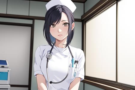 (RAW photo, best quality), wide angle photo, masterpiece, 1girl,  natural lighting, 
hospital, operating room, 
(((White))) nurse uniform smooth, nurse, nurse hat, stethoscope  <lora:NurseUniform0_1:0.8>,
<lora:innai_kansen_hikami_saeko_v1_2:1>,  hikami saeko,  looking at viewer,