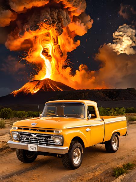 f0rd66pu, truck, gold body, (lifted), massive orange volcano explosion in the background, night sky, tornado <lora:f0rd66pu_SDXL_v1_32:1> <lora:xl_more_art-full_v1:1.0>