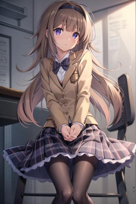 nanaminishijou, <lora:nanaminishijoutest:1>,
nanami nishijou, long hair, brown hair, (purple eyes:1.1), hairband, hair between eyes,
BREAK skirt, school uniform, jacket, plaid, black pantyhose, plaid skirt, blazer, (brown jacket:1.2), (brown blazer:1.2),
BREAK looking at viewer,
BREAK indoors, classroom,
BREAK <lora:GoodHands-vanilla:1>, (masterpiece:1.2), best quality, high resolution, unity 8k wallpaper, (illustration:0.8), (beautiful detailed eyes:1.6), extremely detailed face, perfect lighting, extremely detailed CG, (perfect hands, perfect anatomy),