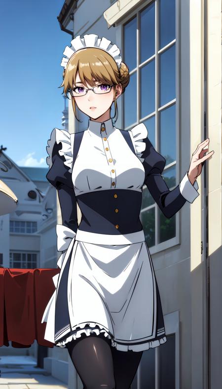 photorealistic, (4k), depth of field, (Masterpiece), (realistic skin texture), extremely detailed, intricate, hyper detailed, high resolution, sharp detail, best quality, woman, maid outfit, maid hat, glasses, purple eyes, blonde hair, hair bun,  <lora:GoodHands-beta2:1> , <lora:Haru:0.7> , leg up , outdoors,