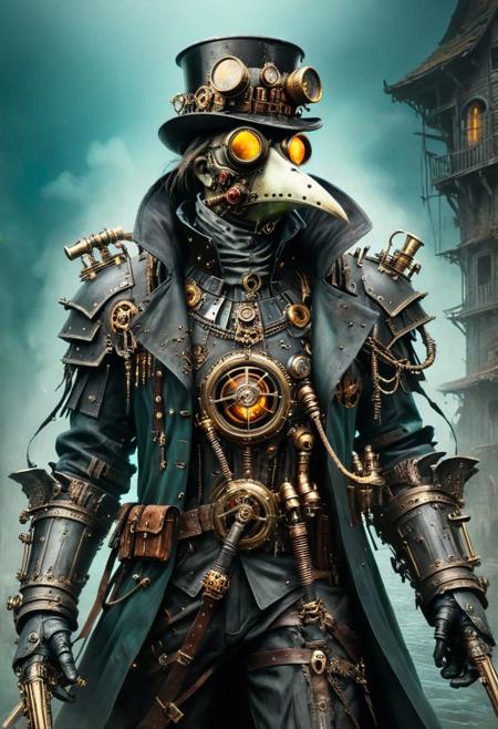 Plague Doctor, steampunk, cyberpunk, ruines and zombies on the background, aqua painting, masterpiece, high details, high quality