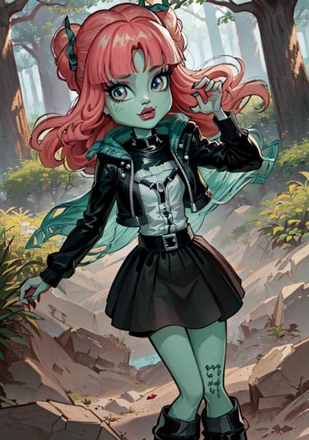 1girl, cute, (monster girl), (zombie girl), skirt, pink hair, boots, jacket, looking at viewer, 
(detailed ladscape, forest:1.2), (background), (dynamic_angle:1.2), (dynamic_pose:1.2), (rule of third_composition:1.3), (dynamic_perspective:1.2), (dynamic_Line_of_action:1.2), solo, wide shot, 
(masterpiece:1.2), (best quality, highest quality), (ultra detailed), (8k, 4k, intricate),(full-body-shot:1), (Cowboy-shot:1.2), (50mm), (highly detailed:1.2),(detailed face:1.2), detailed_eyes,(gradients),(ambient light:1.3),(cinematic composition:1.3),(HDR:1),Accent Lighting,extremely detailed CG unity 8k wallpaper,original, highres,(perfect_anatomy:1.2),
 <lora:ComissionMonsterHigh_Style-20:0.8>