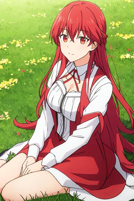 maria, 1girl, solo, long_hair, bangs, red_eyes, hair_between_eyes, medium_breasts, red_hair, white_dress, summer_dress, sitting_on_ground, flower_field