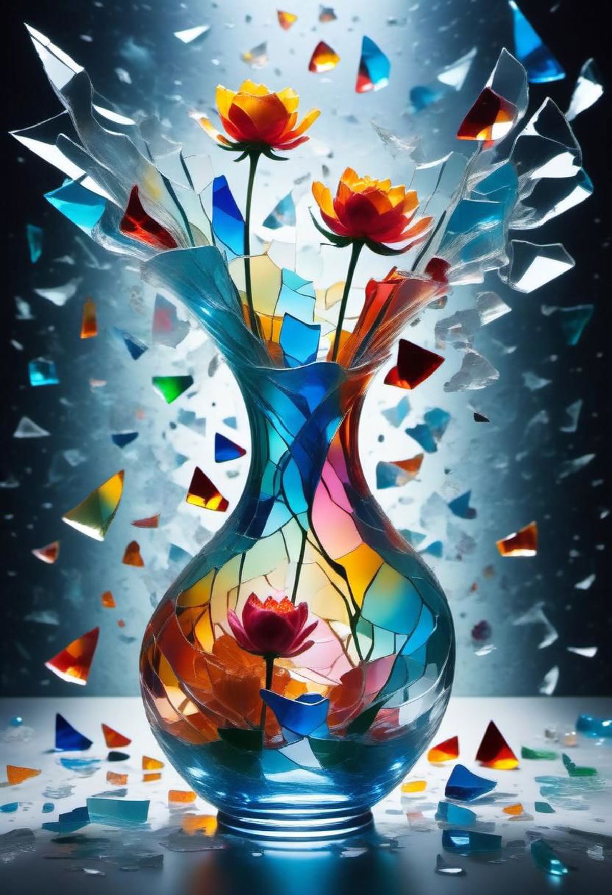 A vase with flowers and shattered glass, creating a stunning artistic display.