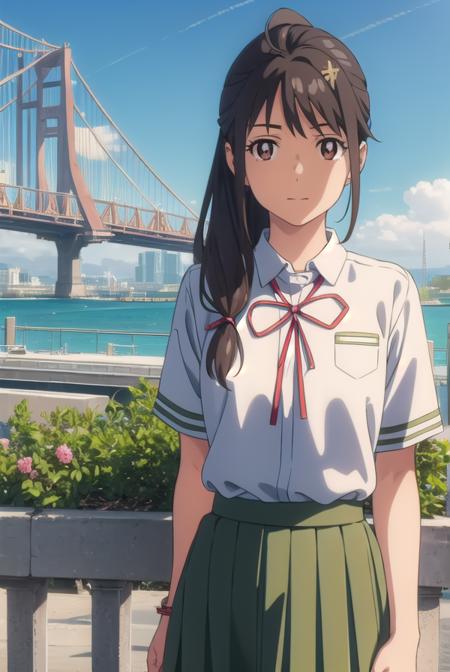 suzumeiwato, <lyco:suzume iwato movie-lyco-nochekaiser:1>,
suzume iwato, long hair, black hair, hair ornament, (brown eyes:1.5), hairclip, ponytail, smile,
BREAK skirt, shirt, ribbon, school uniform, white shirt, red ribbon, green skirt, long skirt,
BREAK outdoors, sky, day, cloud, sun,
BREAK looking at viewer, (cowboy shot:1.5),
BREAK <lyco:GoodHands-beta2:1>, (masterpiece:1.2), best quality, high resolution, unity 8k wallpaper, (illustration:0.8), (beautiful detailed eyes:1.6), extremely detailed face, perfect lighting, extremely detailed CG, (perfect hands, perfect anatomy),