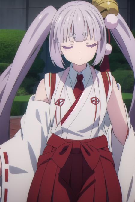 tsukuyoinaba, <lora:tsukuyoinaba-lora-nochekaiser:1>, 
tsukuyo inaba, long hair, hair ornament, twintails, very long hair, purple hair, (closed eyes:1.5), thick eyebrows,
BREAK skirt, japanese clothes, bell, hakama, hakama skirt, jingle bell, miko, hair bell, red hakama,
BREAK looking at viewer,
BREAK outdoors,
BREAK <lyco:GoodHands-beta2:1>, (masterpiece:1.2), best quality, high resolution, unity 8k wallpaper, (illustration:0.8), (beautiful detailed eyes:1.6), extremely detailed face, perfect lighting, extremely detailed CG, (perfect hands, perfect anatomy),