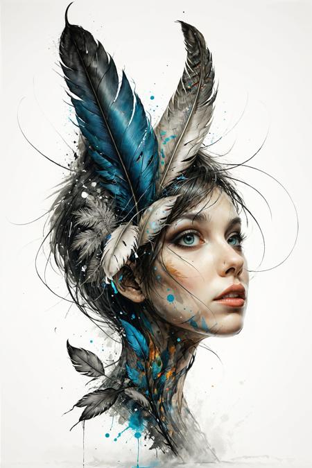 mysterious silhouette feather woman, by Minjae Lee, Carne Griffiths, Emily Kell, Steve McCurry, Geoffroy Thoorens, Aaron Horkey, Jordan Grimmer, Greg Rutkowski, amazing depth, double exposure, surreal, geometric patterns, intricately detailed, bokeh,  perfect balanced, deep fine borders, artistic photorealism , smooth,  great masterwork by head of prompt engineering   <lora:add-detail-xl:2>  <lora:xl_shuimo:0.7> ink wash painting <lora:Cute_Drawing:0.55>  <lora:hyperkraximalism_v1-1:0.25>
