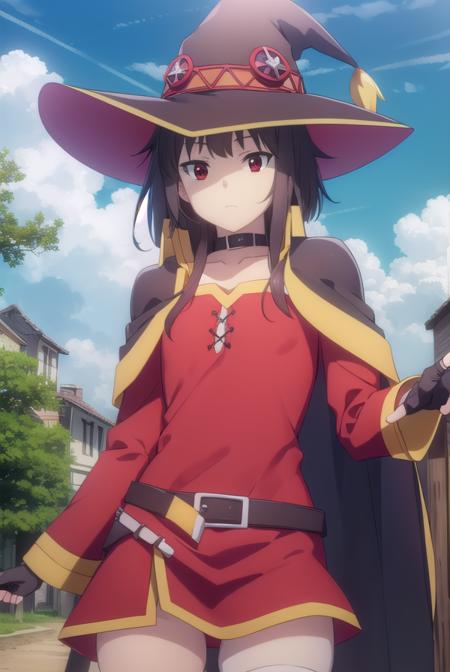 konosubamegumin, <lora:konosuba megumin movie-lora-nochekaiser:1>, 
megumin, short hair, black hair, (red eyes:1.3), short hair with long locks,
BREAK thighhighs, gloves, hat, dress, black gloves, belt, black thighhighs, fingerless gloves, cape, collar, witch hat, bandages, red dress, single thighhigh, asymmetrical legwear, bandaged leg,
BREAK outdoor, forest, nature, trees, village, sky, sun, clouds,
BREAK looking at viewer, (cowboy shot:1.5),
BREAK <lyco:GoodHands-beta2:1>, (masterpiece:1.2), best quality, high resolution, unity 8k wallpaper, (illustration:0.8), (beautiful detailed eyes:1.6), extremely detailed face, perfect lighting, extremely detailed CG, (perfect hands, perfect anatomy),