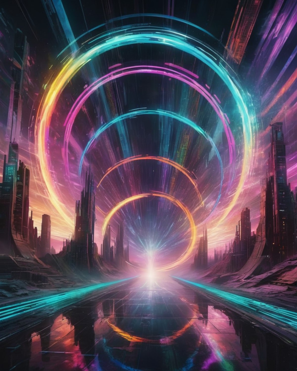 Vortex portal, swirling rifts in reality connecting different dimensions, casting multicolored beams across the dystopian ...