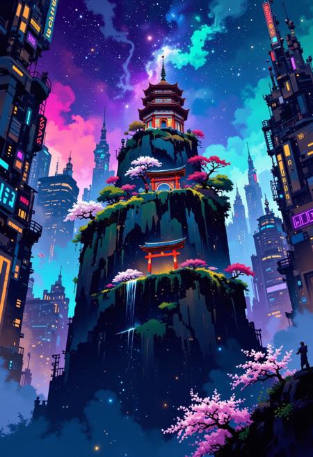 aidmafluxpro1.1, abstract style of Bruce Holwerda,
anime_martz, 3pic_vist4,
A surreal view of a futuristic nighttime metropolis. In the middle of the city there is a high table mountain with steep cliffs. On the plateau of the mountain there is a cozy Japanese garden with an ancient Japanese temple, red gate, cherry blossoms and green bushes. The mountain is surrounded on all sides by cyberpunk skyscrapers with neon signs in all colors of the rainbow. The temple on the mountain is illuminated to stand out against the night sky. The garden seems ghostly and mystical. The sky is littered with stars and swirling galaxies. A fantastic landscape.
i11ustmin Illustration