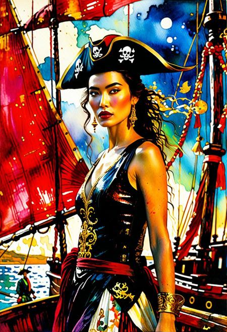 score_9, score_8_up, score_8_up, ((Cinematic composition)),((masterpiece)), (resplendent highlighting), 8k.1girl. (Full body). faded watercolours (Klimt :1.2) dadaistic collage (by Bill Sienkiewicz:1.5), strikingly beautiful, alluring face. brilliant spotlight effect.
1girl, (full body, facing camera, from low to the ground). beautiful Lebanese Chinese pirate with a Chinese cutlass, (dressed like a pirate). deep crimson and black and gold, ((full body)) pirate hat. She’s standing at the bow of a Chinese junk sail boat. (resplendent highlighting of her face). Charcoal and colourful oil pastels. impressionistic bidimensional.
surreal, intense colors, liquid, unreal parts, alluring, fluid, perfection, gothic. (Luminous skin dynamically highlighted), Illustration, (klimt:0.8) (Bill Sienkiewicz:1.5). maximum detail, Chinese watercolor and ink technique. Gold leaf highlights.
<lora:xl_more_art-full_v1:0.4> <lora:epi_noiseoffset2:1>3