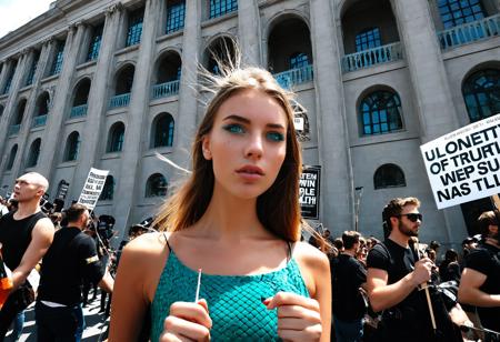 onlfnmdxlrd, 1girl, realistic, solo 24 year old, small breasts, Black twin drills, caucasian, salmon skin, teal eyes, fair skinned, best quality, RAW photo, subject, 8k uhd, high quality, photorealistic, lavish, Protesters rallying outside a government building, demanding accountability and the truth in a legal case, Dutch angle <lora:onlfnmdXLrd:0.8>