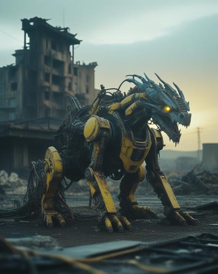 A cybernetic Dragon stands amidst ruins, with one side resembling a mechanical robot and the other side retaining its natural fur. The background is a desolate wasteland with crumbling buildings, rusted machinery, and a toxic yellow sky. Incorporate subtle details like glowing blue circuits, exposed wires, and worn leather straps to convey a sense of decay and technological overreach