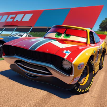 race car, cartoon,car, nascar, Formula 1, F1,  vehicle, detailed, cg, detailed eyes and mouth, 3d rendering, pixar, eyes, looking at viewer, hq rendering <lora:pixarcars:1.2>, ho humans, character art, white background, official art, americanflag, perfectcar, sunny day, plants, crowd background