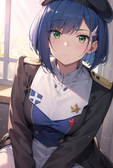 franxxichigo, <lyco:ichigo-lyco-nochekaiser:1>, 
ichigo, blue hair, (green eyes:1.5), hair ornament, hairclip, short hair,
BREAK beret, hat, military, military uniform, uniform,
BREAK looking at viewer,
BREAK indoors, classroom,
BREAK <lyco:GoodHands-beta2:1>, (masterpiece:1.2), best quality, high resolution, unity 8k wallpaper, (illustration:0.8), (beautiful detailed eyes:1.6), extremely detailed face, perfect lighting, extremely detailed CG, (perfect hands, perfect anatomy),