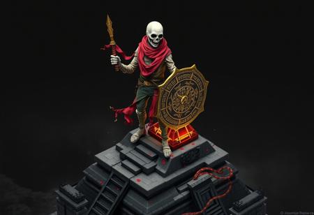 expert An intricate Ghostrick Mummy , wearing a brown jacket, green pants, & vivid red scarf, stands atop a pyramid fortress against a stark black and white checkered void background. Holding an ornate Soul Devouring Bamboo Sword & luminous Electromagnetic Shield in a dynamic pose. Masterpiece, trending on ArtstationHQ, CGSociety, high detail, 4K, stunning colors, captivating lighting, impeccable composition, isometric view. Raphael Style, Houdini Style, Grammer Effect Style, Splash Ink Illustration, Octane Render, Unreal Engine 5 rendering.