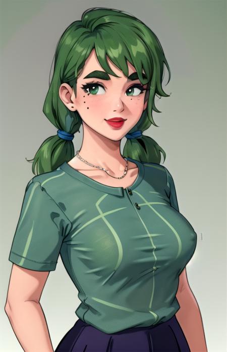 best quality, (masterpiece),(ultra-detailed), (high quality), (high resolution), <lora:caroline-10:0.7>,1girl, blue shirt, breasts, caroline, collarbone, curvy, gradient background, green background, green hair, lipstick, long hair, looking at viewer, mole on breast, necklace, pants, reference inset, shirt, short sleeves, skirt, sky, smile, solo, striped shirt, thick eyebrows, twintails, upper body,striped shirt