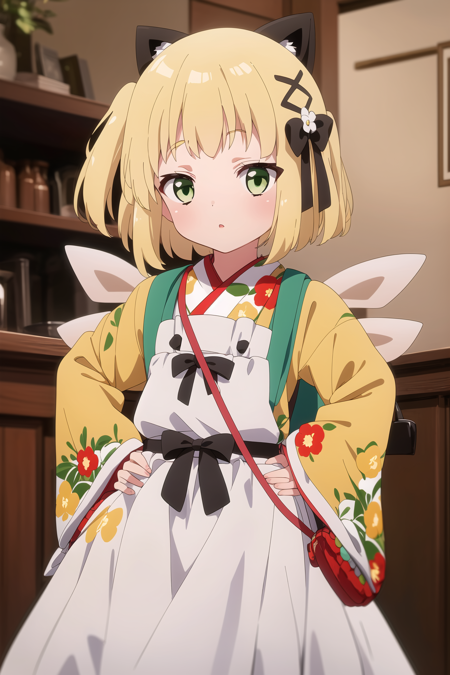 1girl, solo, looking at viewer, blush, short hair, bangs, blonde hair, hair ornament, long sleeves, bow, animal ears, closed mouth, green eyes, upper body, flower, hair bow, japanese clothes, wings, indoors, virtual youtuber, hair flower, kimono, bag, blurry, apron, sleeves past wrists, black bow, x hair ornament, white flower, white apron