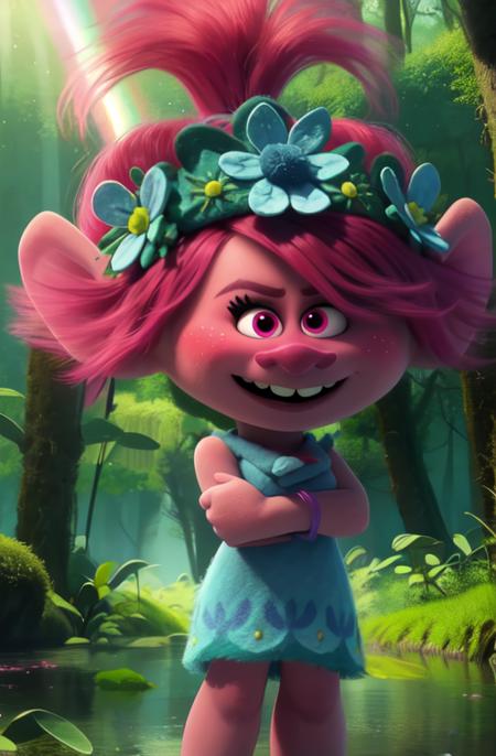 QueenPoppy,pink hair, ponytail, pink eyes,pointy ears, solo, happy, cowboy shot, 
standing, 
bracelet,hair flower ,head wreath,dress,barefoot , crossed arms,
 forest, sunshine, rainbows, mature, 
(insanely detailed, beautiful detailed face, masterpiece, best quality)
 <lora:QueenPoppy-10v7:0.8>