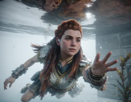 Aloy diving underwater