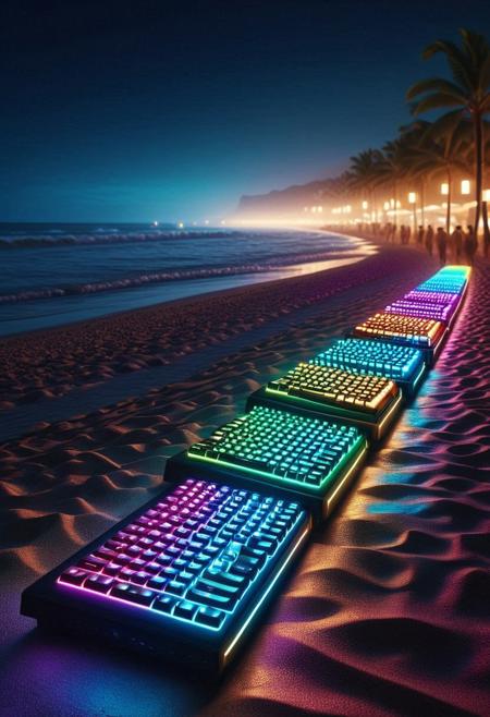 A row of streetlights on a beach at night, each one holding a tiny, glowing RGB keyboard inside,  cinematic scene ,Vibrant world of creativity,intricate textile installations, close-up with high contrast 4k, challenging mystery, distorted reality, enriching contrast, luminous textures, diversity and interconnectedness, purples