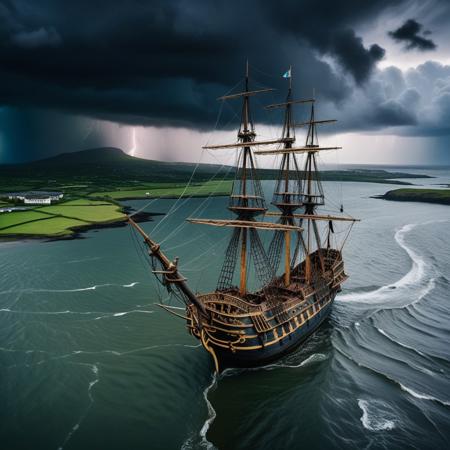 cinematic still Aerial view of a weathered 16th-century pirate ship stranded on a flooded coast in Ireland. Dark storm clouds loom overhead, with lightning illuminating a backdrop of sail-like buildings and hapless Phinisi ships, creating a dramatic, surreal scene. Rainfall and swirling ripples add to the chaotic atmosphere . emotional, harmonious, vignette, 4k epic detailed, shot on kodak, 35mm photo, sharp focus, high budget, cinemascope, moody, epic, gorgeous, film grain, grainy, Aerial view of a weathered 16th-century pirate ship stranded on a flooded coast in Ireland. Dark storm clouds loom overhead, with lightning illuminating a backdrop of sail-like buildings and hapless Phinisi ships, creating a dramatic, surreal scene. Rainfall and swirling ripples add to the chaotic atmosphere, cinematic, detailed, professional, extremely quality, highly