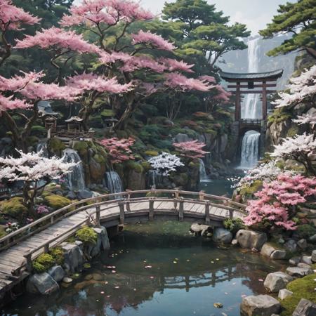 long range view, Beautiful Japanese flower garden, elegant bridges, waterfalls, pink and white, by Akihito Yoshida, Ismail Inceoglu, Karol Bak, Airbrush, Dramatic, Panorama, Cool Color Palette, Megapixel, Lumen Reflections, insanely detailed and intricate, hypermaximalist, elegant, ornate, hyper realistic, super detailed, unreal engine