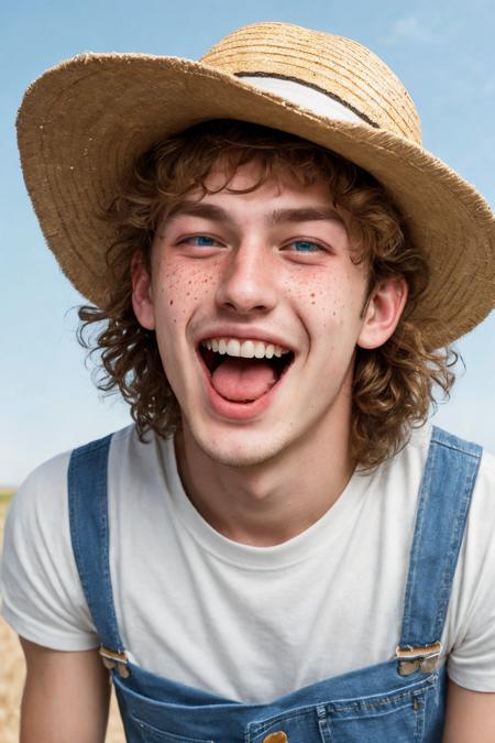 close-up photo portrait of a 20 yo european man, blond short curly hair, blue eyes, laughing face expression, freckles, denim overall, t-shirt, straw hat, farmer, simple background