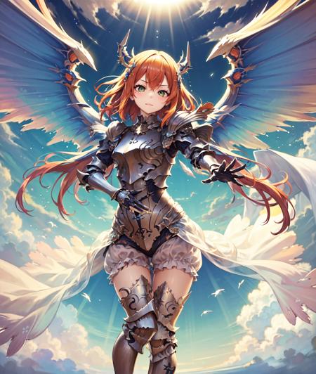 (best quality, masterpiece, highres:1.4),  a beautiful portrait of an angel,  she is wearing ornate frilled white bloomers under her armor, she is standing in a wide stance with her knees and legs apart,   her pauldrons are extremely tall and ornate, close-up, her armor has been damaged and broken,  
standing, outdoors, clouds, sun, light particles, standing, full body, day, arms at sides, contrapposto, hand on hip, ((spread legs:1.3 )), thigh gap, 
BREAK
 1girl,   armor,  wings, green eyes, long hair, gauntlets, thighhighs, , greaves, shoulder armor,  pauldrons,hair ornament, looking at viewer, breastplate, angel wings, [armored boots], angel, long hair, light rays,  sky,  thigh boots, armored dress,  sunlight, frills, zettai ryouiki, fantasy, bangs, orange hair, white wings, feathered wings, gloves, multiple wings,  , vambraces, plate armor, see-through waist cape,  <lora:LapisTest1:0.6>, ,  straight hair, sidelocks, hair between eyes, dress, skirt, headpiece, headgear, frilled shorts, thighhighs under boots,  skirt, (bloomers, torn bloomers, white bloomers, underwear, :1.2 ), skinny, long legs, tall female, clothing cutout,