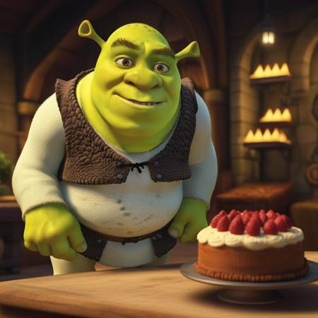 Shrek1024, choosing a cake in bakery,  detailed eyes, highly detailed, photography, ultra sharp, film, bokeh, professional, 4k  <lora:Shrek1024:0.8>