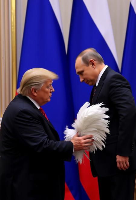 Donald Trump,submitting, offering large white feathers to triumphant, arrogant Vladimir Putin, face to face