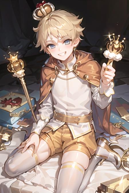 1boy, crkcustard, blue eyes, short hair, blonde hair, earrings, orange cape, mini crown, jewelry, white shirt, scepter, puffy shorts, grin <lora:custard_cookie:0.8>