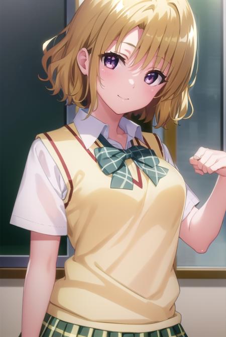 risamomioka, <lora:risa momioka darkness-lora-nochekaiser:1>,
risa momioka, short hair, blonde hair, wavy hair, (parted bangs:1.5), (purple eyes:1.1), smile,
BREAK green skirt, plaid, plaid skirt, sainan high school uniform, school uniform, skirt, sweater vest, thighhighs, (yellow sweater:1.5), short sleeves, bow, green bow,
BREAK indoors, classroom,
BREAK looking at viewer, (cowboy shot:1.5),
BREAK <lyco:GoodHands-beta2:1>, (masterpiece:1.2), best quality, high resolution, unity 8k wallpaper, (illustration:0.8), (beautiful detailed eyes:1.6), extremely detailed face, perfect lighting, extremely detailed CG, (perfect hands, perfect anatomy),