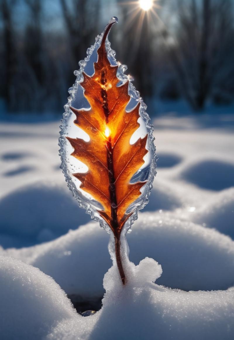 A single leaf covered in snow and ice on a sunny day.