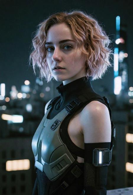cyborg young woman, dark cyberpunk, highly detailed face, pale fragile delicate body, frizzy bob cut hair, (stylish haircut:0.9), posing in a tight stylish minimalistic futuristic open black hi-tech tactical techwear lignerie with a few symmetrical cutouts, subtle cyberware, standing on a cyberpunk Japanese city rooftop at night, scenic view, cinematic scene, cinematic lighting, analog-style photo, grainy amateur lo-fi portrait photo, desaturated colors, (low contrast), distracted, b-cup breasts, eyeliner, (eyeshadow:1.1), shy, blushing, raw photo, phone photo, 3/4, (upper body portrait shot), medium shot, accidental art, candid, crisp image, high detail, (eyebags:0.8), (chromatic aberration)