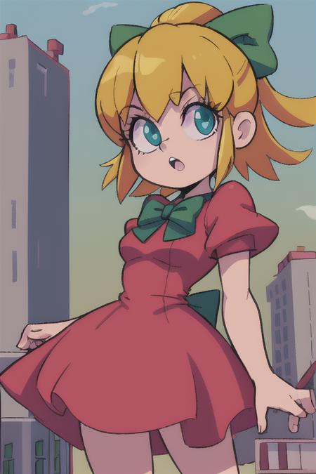 <lora:Roll3D:0.6> Roll3D 1girl,red dress, green bow, blonde hair, blue eyes, in city ruins with a blaster, scene from megaman