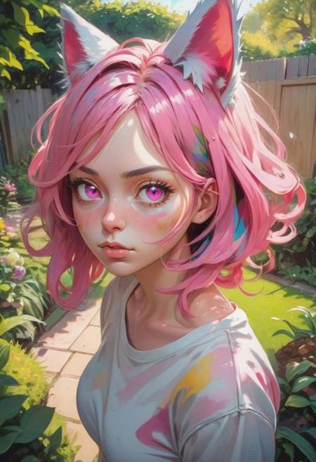 artistic portrait woman, looking at the viewer, (beautiful detailed face:1.4), beautiful long pink abstract hairstyle, chubby face, torn clothes, strange, cat ears, imaginary garden, colorful, (vibrant light:1.4), (shadow detailed:1.2), (highly detailed:1.4), anime style, speed art, abstract artistic brush strokes, (beautiful and aesthetic:1.4), masterpiece, realistic surrealist, (surrealist artistic work:1.4), (fisheye:1.6)