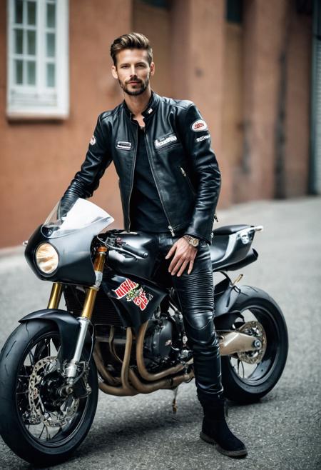 street style photo, full body, beautiful man, 30 years old,  motorcycle racer