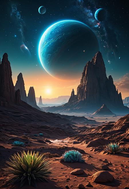Vast alien landscape with bioluminescent plant life and strange geological formations under binary star system. Realistic atmospheric effects with alien sky colors, scientifically plausible exoplanet environment. Landscape photography composition with foreground interest, otherworldly beauty with grounded realism. Concept art quality suitable for science fiction film establishing shots.