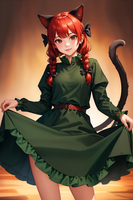 kaenbyou rin twin braids hair bow green dress long sleeves cat tail