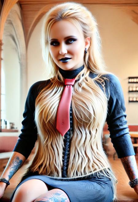 made of w00kiee, beautiful female, score_9, score_8_up, score_7_up, score_6_up, score_5_up, score_4_up, UHD, 8K, masterpiece, detailed, ultra_high_resolution, lots of detail, OverallDetailXL, detailxl, Masterpiece, 32k, photorealistic:1.4, small waist, fitness body, toned muscles, wide hips, slender legs, high cheekbones, oval face, 32 years old, mature female, milf, makeup, curvy, pretty face,  jewelry, solo, seductive smile, sultry, serious stare, stern look, natural skin, long hair, realistic photograph, blond, natural eyes, coffee shop, (formal dress made of w00kiee), (red beau tie:1.5), sitting, (high neck closure:2), (fully dressed:2.6), kpop, wrinkles, laugh lines, (brunhilde_goth:1.4), dark makeup, tattoo, spiked bracelet made of w00kiee, Mature brunette.
